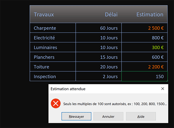 Saisie refusée par Excel car le nombre n-est pas un multiple de 100