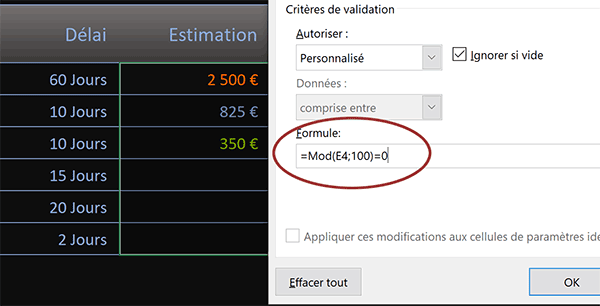Fonction Mod dans règle de validité Excel pour autoriser seulement les multiples du nombre