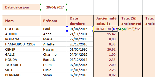 Différence entre deux dates Excel en valeur décimale, années et mois