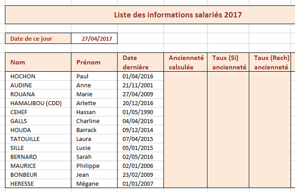 Tableau Excel modèle pour calcul dynamique primes salariés selon ancienneté