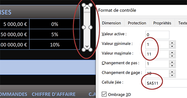 Lier la barre de défilement à une cellule de la feuille Excel pour les valeurs incrémentées aux clics