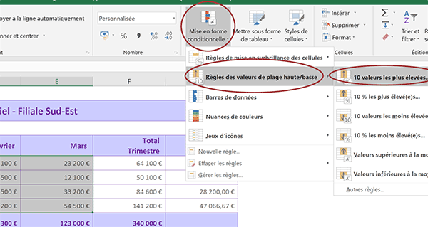 Règle prédéfinie de mise en forme conditionnelle Excel pour mettre dynamiquement en valeur les meilleurs résultats