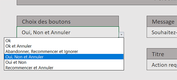 Choisir le groupe de boutons personnalisés à afficher dans la boîte de dialogue VBA Excel