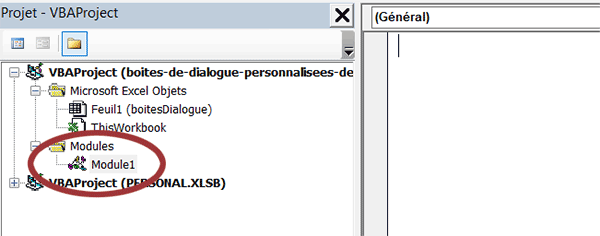 Module VBA Excel dans explorateur de projet