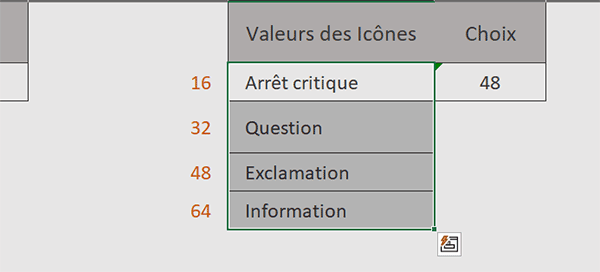 Trouver chiffre icône sur boîte de dialogue VBA par formule Excel
