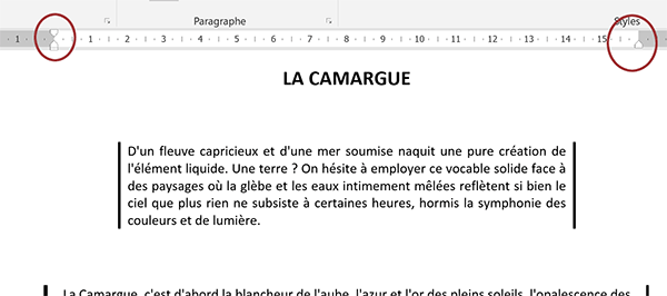 Curseurs des retraits sur la règle horizontale pour la mise en page des paragraphes Word