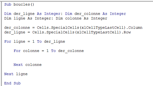 Boucles VBA For imbriquées pour parcourir toutes les cellules