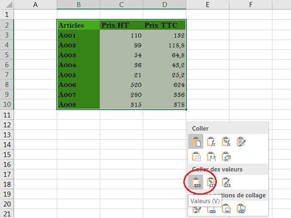 Copier un tableau sans les attributs de mise en forme dans Excel