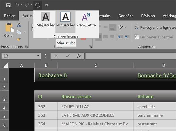 Boutons Majuscule et Minuscule pour changer la casse sur la feuille Excel