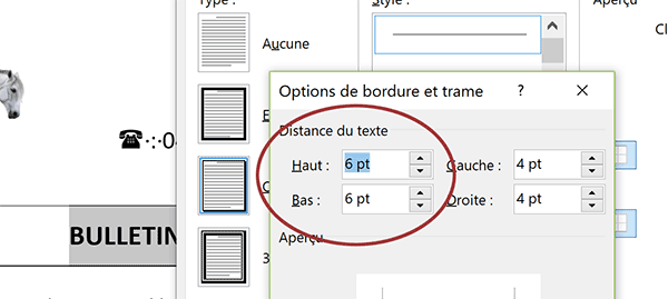 Augmenter la distance en hauteur entre les textes et traits de bordure du paragraphe Word