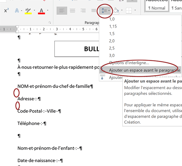 Espacer les paragraphes des questions du bulletin inscription Word pour permettre écrire les réponses