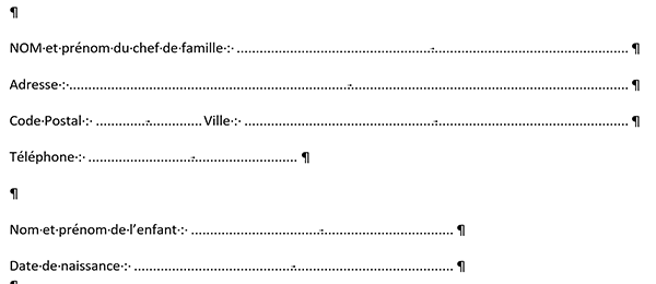 Lignes guide du bulletin inscription Word avec les taquets de tabulation et points de suite