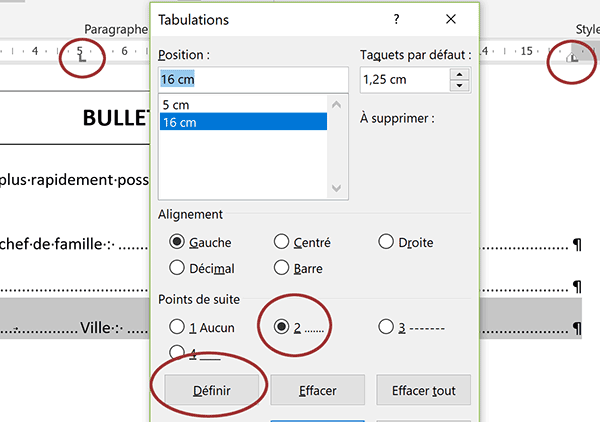 Lignes guides pointillés pour délimiter zone inscription de la ville et du code postal