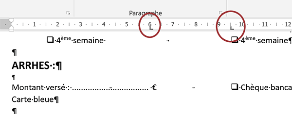 Espaces réservés aux réponses du candidat alignés sur plusieurs colonnes avec points de suite