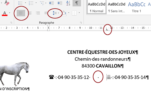 Espacer les numéros de téléphone sur la même ligne grâce aux taquets de tabulation Word