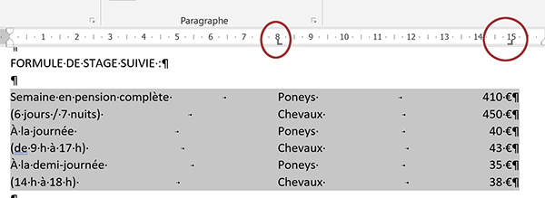 Alterner alignements textes et prix dans les colonnes virtuelles Word en changeant la nature du taquet de tabulation