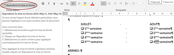Répliquer les attributs de texte en exposant grâce au pinceau Reproduire la mise en forme Word