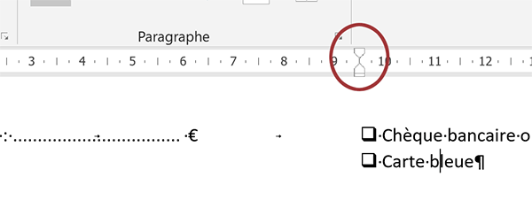 Décaler les cases à cocher sur la droite du document Word grâce au retrait gauche