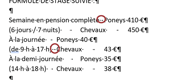 Placer les tabulations dans les paragraphes Word au clavier pour matérialiser les colonnes à figer avec les taquets