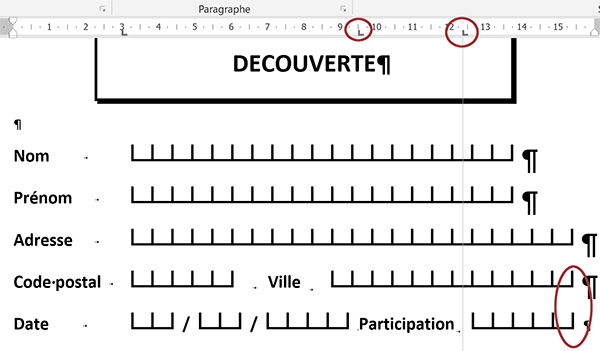 aligner précisément les zones inscription formulaire participation Word par les taquets de tabulation
