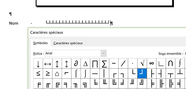 Création du premier peigne pour inscription du nom dans cases écriture du bulletin de participation