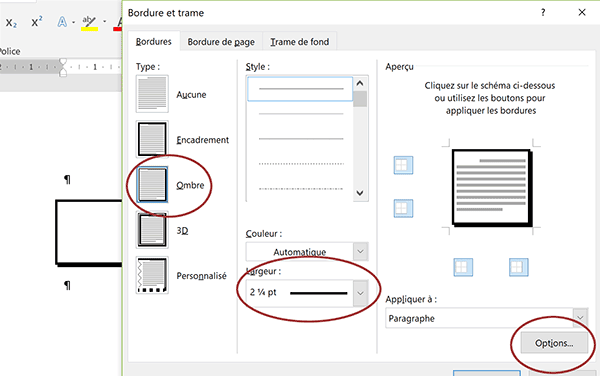 Style, épaisseur et type de trait pour bordure de paragraphe Word