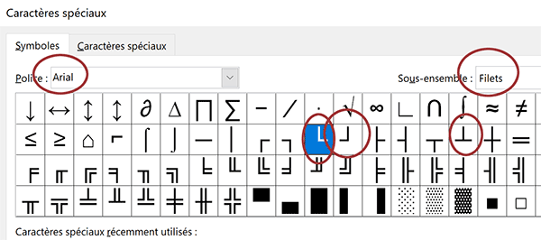 Sous-ensemble filets des caractères spéciaux Word pour construire les peignes de saisie