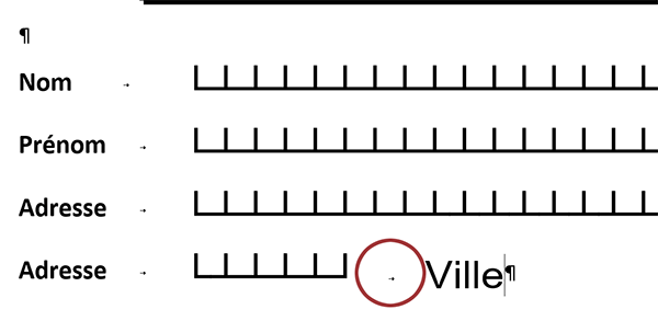 Fractionner alignement des cases du peigne avec une tabulation de séparation