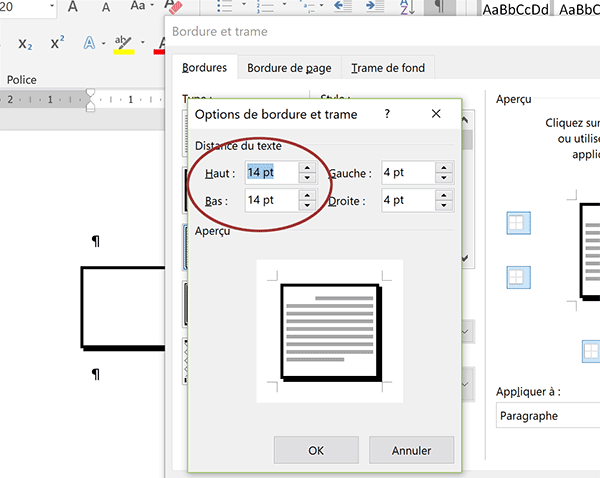 Réglages Word pour augmenter espace entre texte et bordure