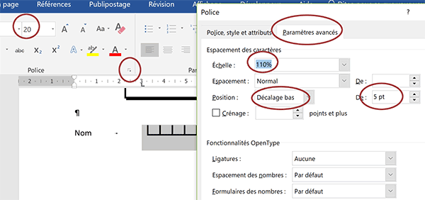 Décaler alignement horizontal des peignes pour ajuster avec le texte du paragraphe Word