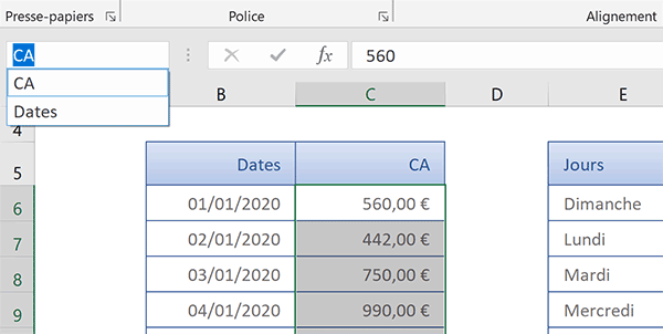 Noms des colonnes Excel pour exploitation dans les formules matricielles