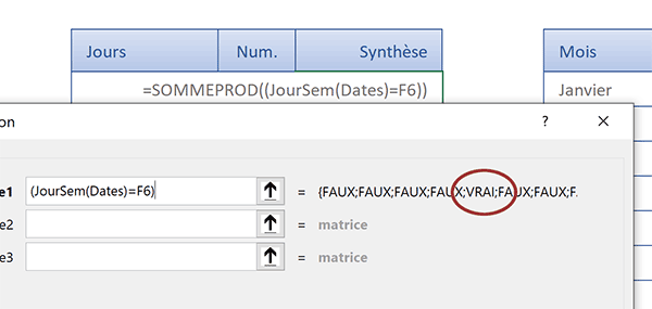 Concordances sur critère matriciel indiquées aux emplacements par assistant fonction Sommeprod