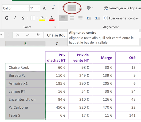 Aligner les textes dans la hauteur des cellules Excel