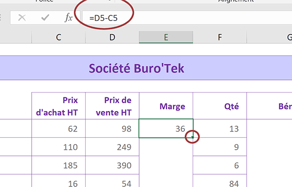 Calcul dynamique Excel de marge réalisée sur chaque vente