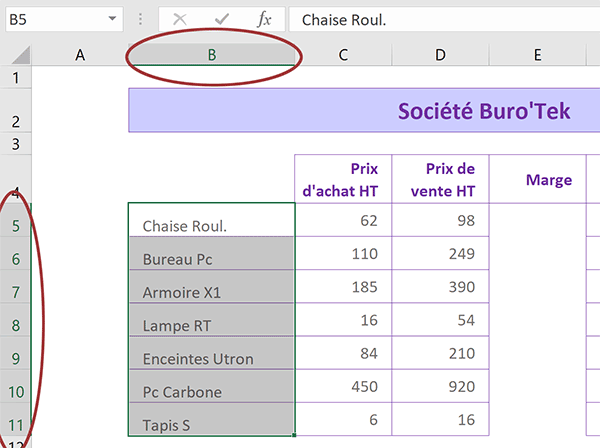 Tableau Excel des prix de revient et prix de vente pour exercice sur les bénéfices dégagés