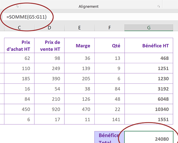 Somme automatique des bénéfices avec Excel