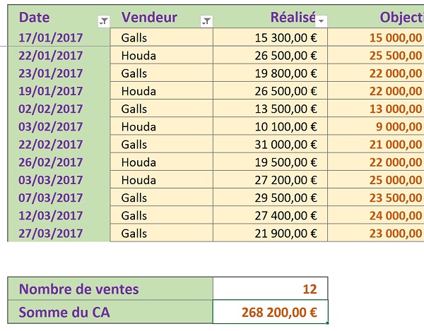 Opérations de synthèse correspondant aux critères appliqués sur la base de données Excel