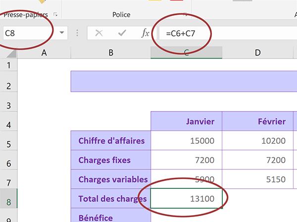 Addition de cellules Excel pour calcul dynamiques des charges de la société