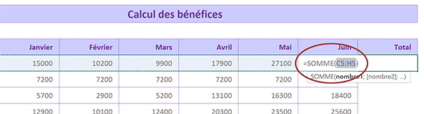 Suggestion de somme par Excel, formule en attente de modification avant validation