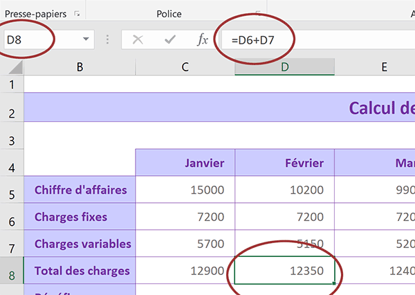 Les références des cellules Excel impliquées dans le calcul suivent le déplacement imposé par la poignée