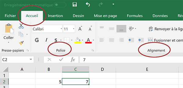 Sections du ruban Accueil Excel pour mise en forme de police et alignements dans cellules