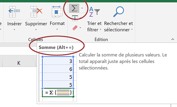 Somme automatique Excel et raccourci clavier associé