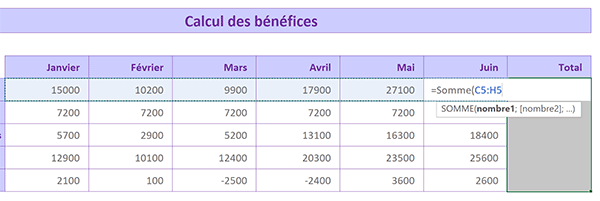 Saisir nom de fonction Somme Excel pour construire syntaxe manuellement