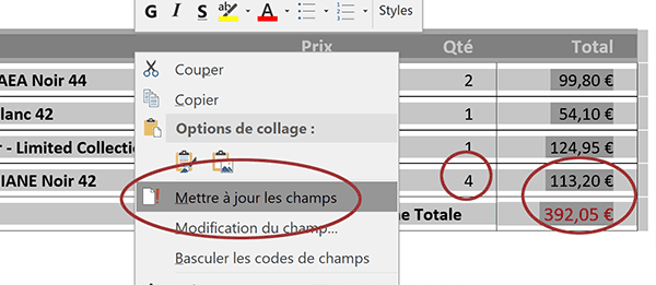 Actualiser les calculs dans un tableau Word après modification des quantités