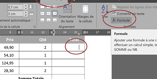 Bouton Formule pour réaliser des calculs dans les tableaux de Word