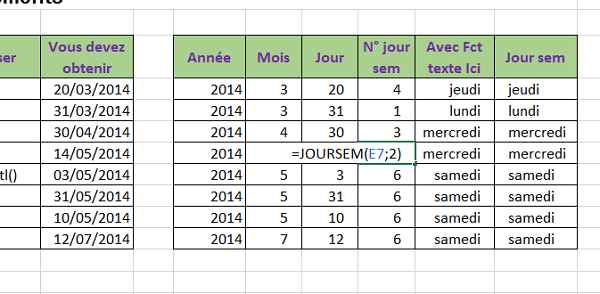 Extraction information jour de semaine de date en chiffre et en texte dans Excel