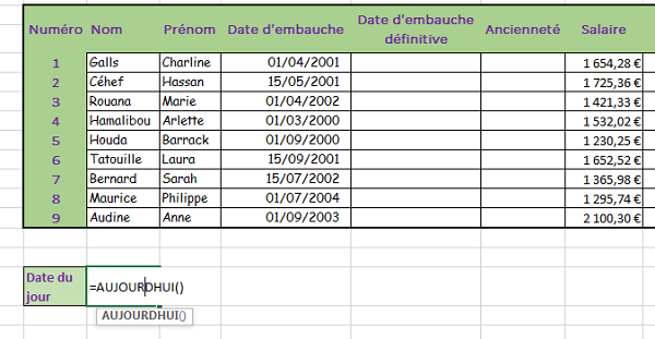 Date du jour dynamique pour calcul ancienneté ou âge dans Excel