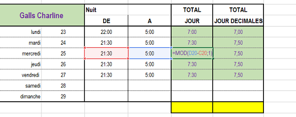 Calcul durée de travail heures de nuit avec Excel pour salariés entreprise