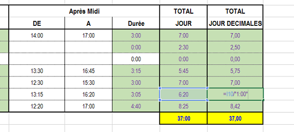 Convertir des heures de travail Excel en nombre décimal