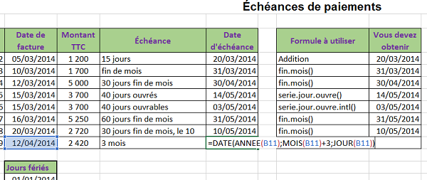 Calculer une date limite de paiement de facture en nombre de mois dans Excel